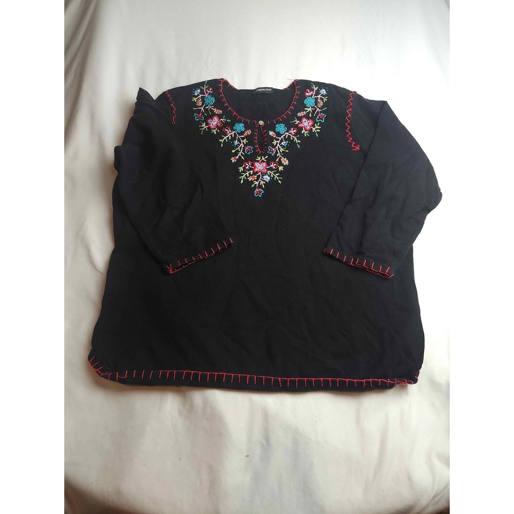 Jason Maxwell Black Floral Embroidered Keyhole Top Red Blanket Stitch Womens L